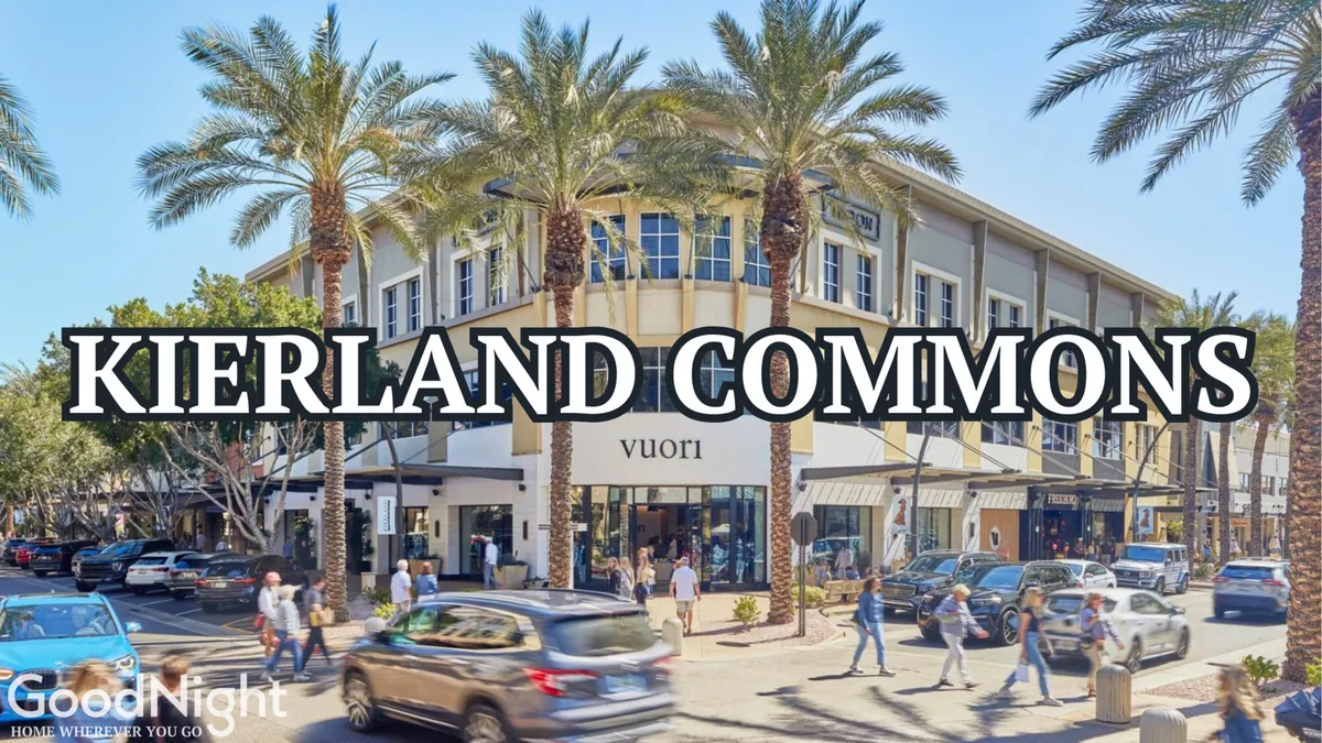 A lively streetscape with palm trees, boutique storefronts, people strolling, and cars along the curb. The exterior scene reflects the energetic atmosphere of upscale Scottsdale shopping and dining districts.
